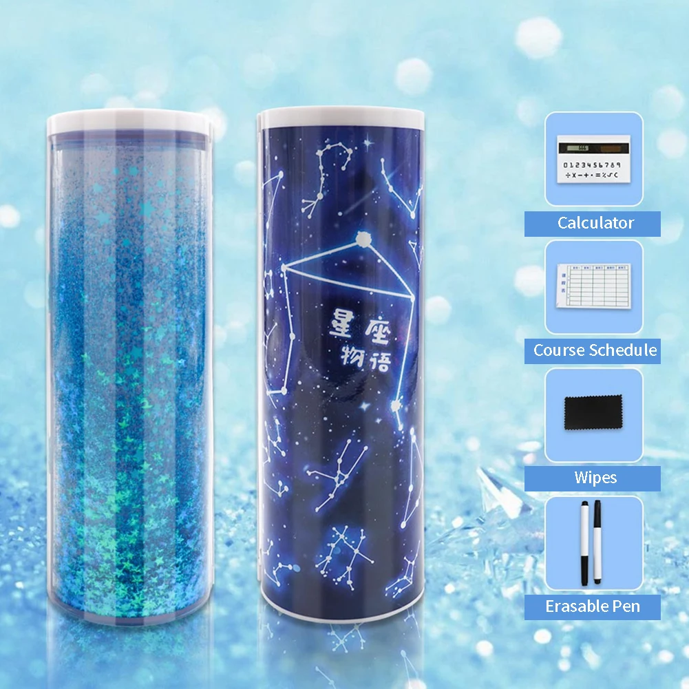 

Pencil Case Set Cylindrical Box Solar Calculator Multifunctional Large Capacity ABS Mirror Quicksand Translucent Course Schedule