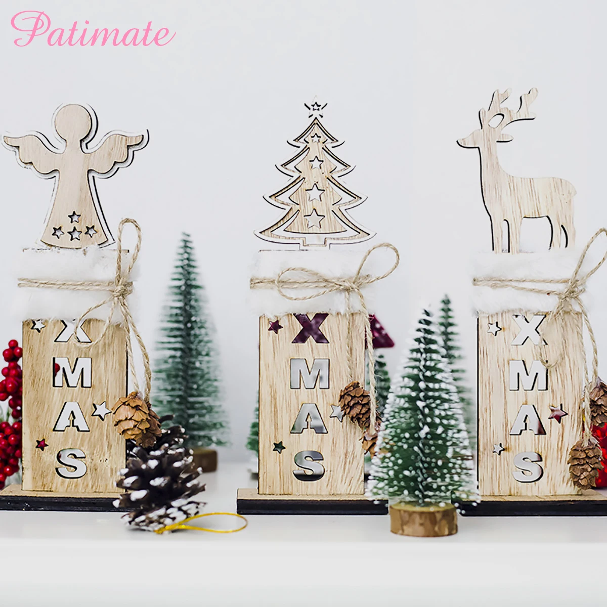

PATIMATE Wooden Christmas Tree Decoration Letter Bell Plush Sign Pendants Xmas Oranments Christmas Party Decor New Year