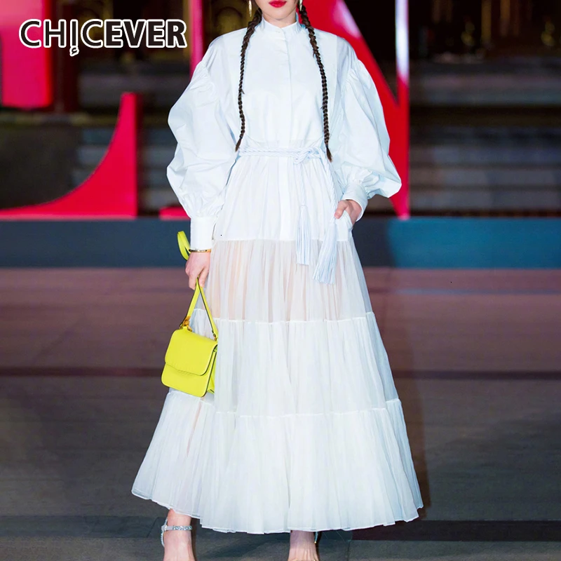 

CHICEVER Patchwork Mesh Hit Color Dresses Womens O Neck Lantern Sleeve High Waist Lace Up Pleated Midi Dress Female 2020 Clothes