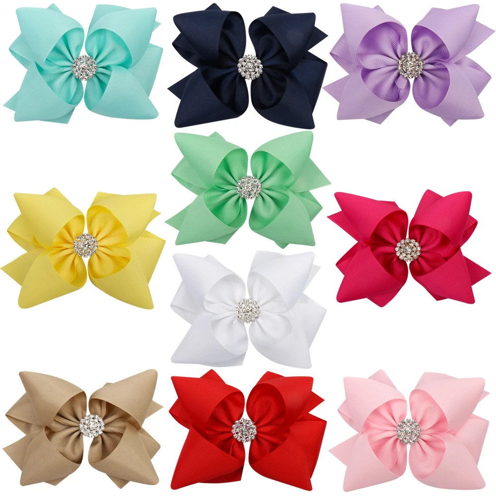 

5" Solid Hair Bows for Girls Hair Clips with Rhinestones Grosgrain Ribbons Hairgrips Handmade Barrettes Girls Hair Accessories