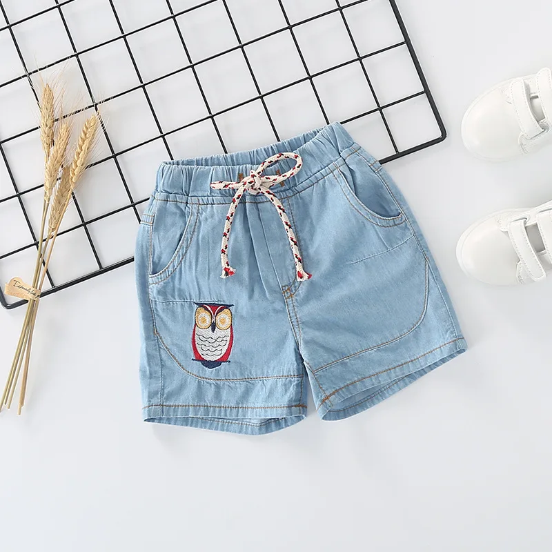 

2019 Summer New Style Childrenswear Girls Pure Cotton Denim Shorts Western Style Children Owl Embroidered Elastic Waist Shorts