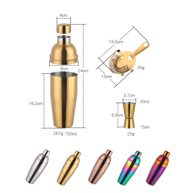 1-5PCS Stainless Steel Cocktail Set 750ml Cocktail Shaker Set Measure Cup Ice Filter Strainer Bartender Kit Bar cocktail shaker cocktail strainer