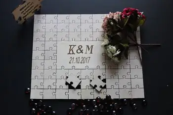 

personalized initials date rustic Jigsaws puzzle Alternative wedding Wooden guestbooks Signature Guest Books party decorations