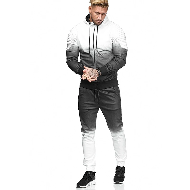 ZOGAA, хит, мужской спортивный костюм, спортивный комплект, 3D принт, полосатая рубашка, длинный рукав, штаны для фитнеса, костюм для бега, куртка, брюки, мужской спортивный костюм - Цвет: Белый
