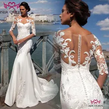 Элегантное чисто белое тонкое атласное свадебное платье русалки с вышивкой Кнопка Иллюзия Половина рукава Иллюзия невесты платье w0566
