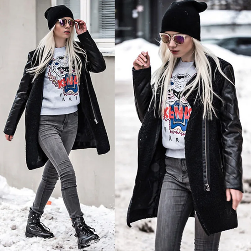 

Fashion Jacket Women Punk Style Coat Casual Autumn&Winter Zipper Jacket PU Stitching Solid Color Coat Side Zip Coat Jacket