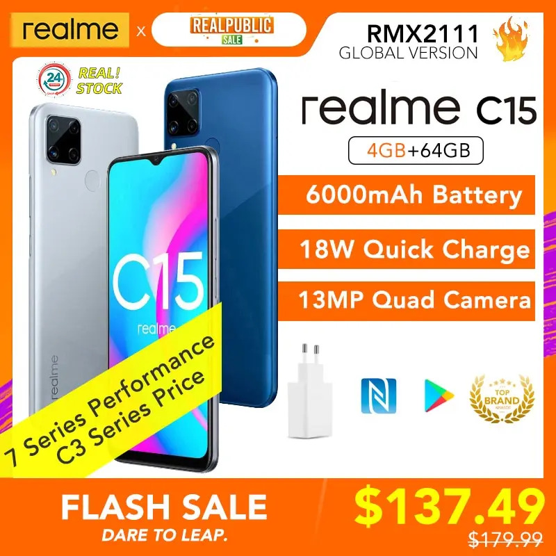 Realme C15 4 Гб 64 Globale версия 6000 мАч мА/ч. аккумулятор Helio G35 13MP Quad камеры автомобиля
