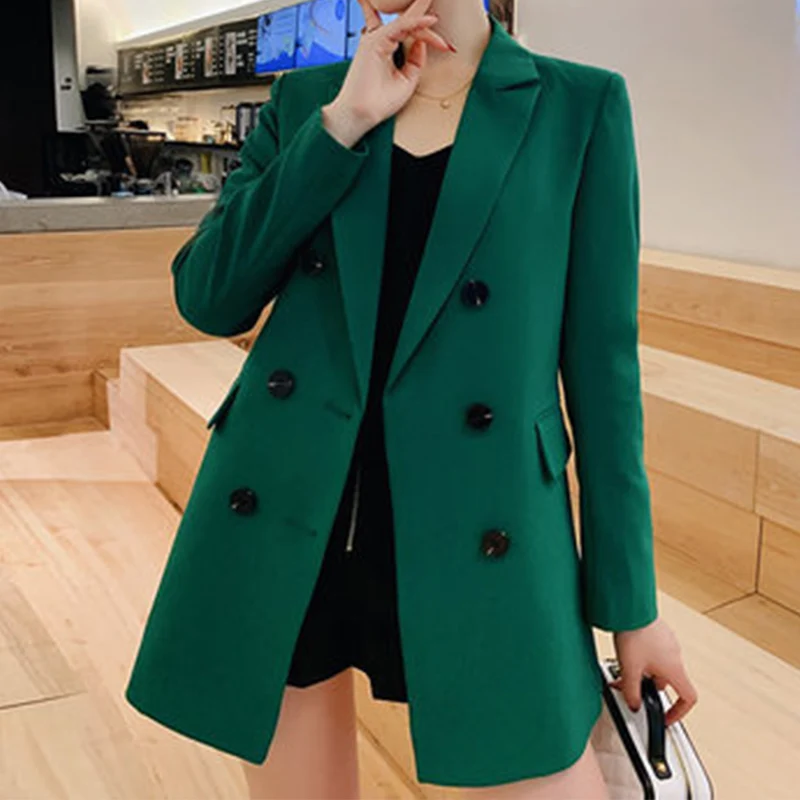 

OL Casual Double Breasted Women Blazer Jacket Notched Collar Pockets Female Jackets 2019 Autumn Fashion Suits Outwear Feminino