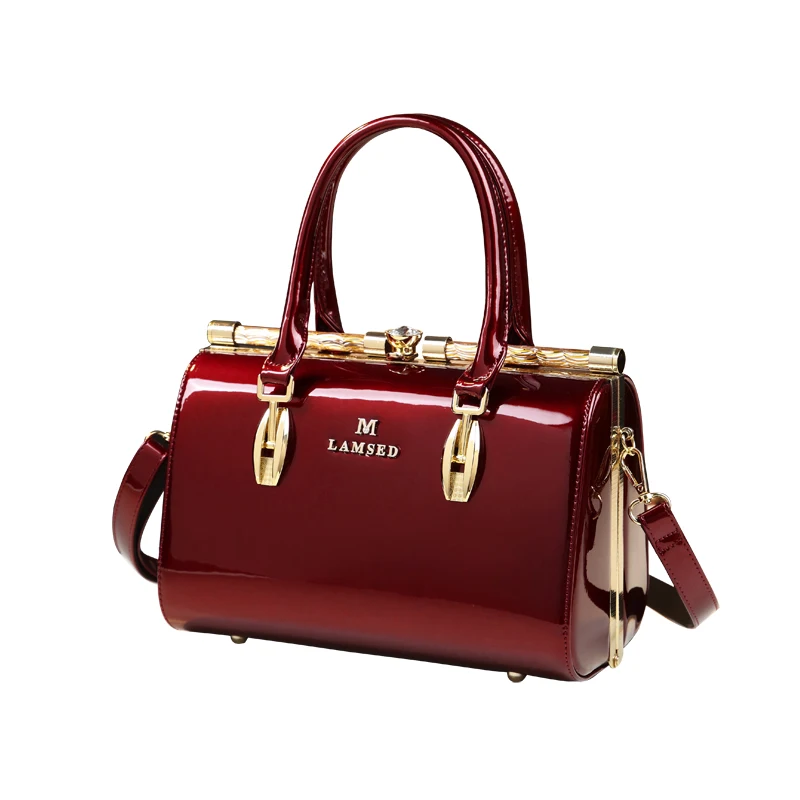 Bolsos de calidad con asa para mujer, bolso de mano de cuero, sencillo, de estilo Boston, de charol