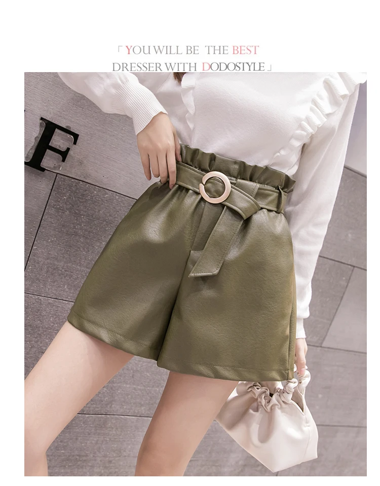 REALEFT Autumn Winter PU Leather Short Belt High Waist Vintage Black Wide Leg Pants Casual Short Pant Female Pocket New