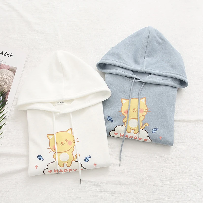 Autumn Kawaii Cat Graphic Hoodie Women White Cartoon Printed Hooded Sweatshirt Preppy Cute Long Sleeve Casual Blue Pullover