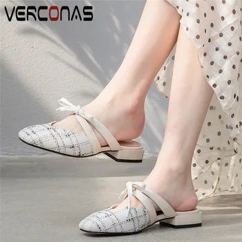 

VERCONAS Women Round Toe Sandals Knot Genuine Leather Slippers Basic Shoes Thick Heels Summer Top Quality Elegant Shoes Woman