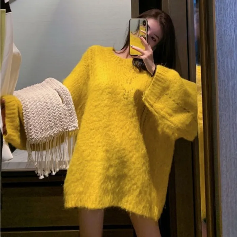 Fashion Tide Autumn And Winter New Fashion Solid Color Round Neck Loose Long Section Thick Warm Wild Plush Sweater Women PB557 - Цвет: yellow