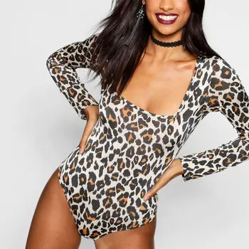 

Sexy Leopard Print Skinny Bodysuit Women Autumn Fashion Square Neck Long Sleeve Jumpsuit Zebra Print Romper Streetwear