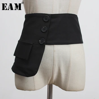 

[EAM] Black Button Split Joint Irregular Wide Belt Personality Women New Fashion Tide All-match Spring Autumn 2020 1X439