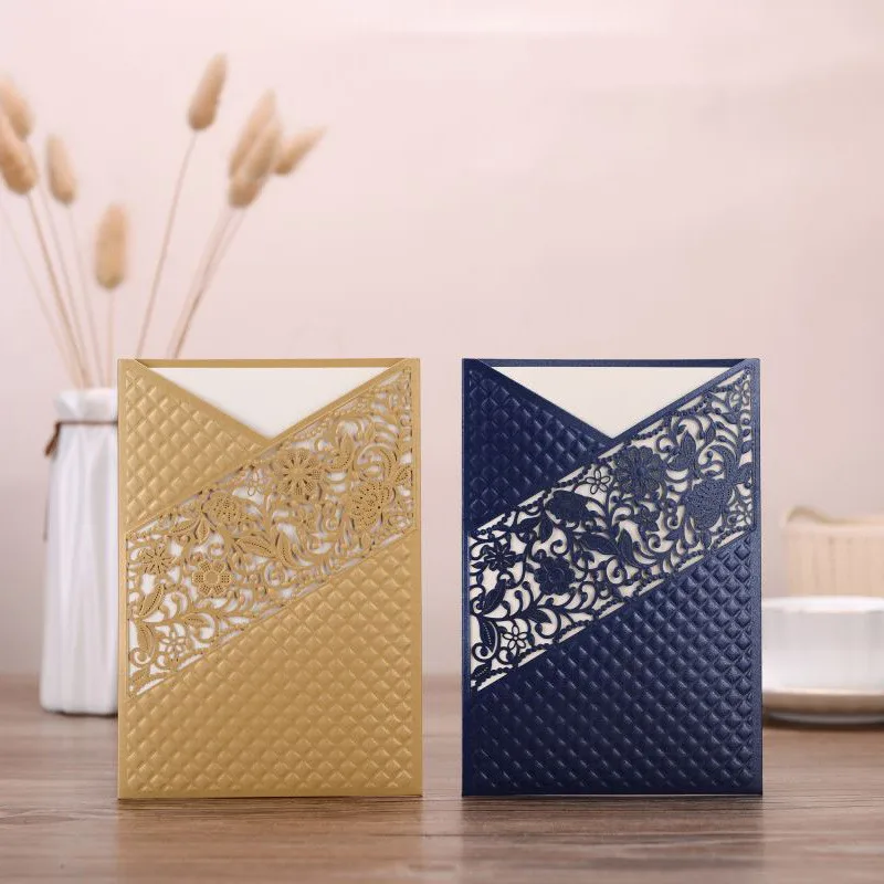 

50pcs/lot Retro Gold Laser Cut Wedding Invitation Cards Royal Blue Floral Marriage Card Pocket Printable Inserts Party Supplies