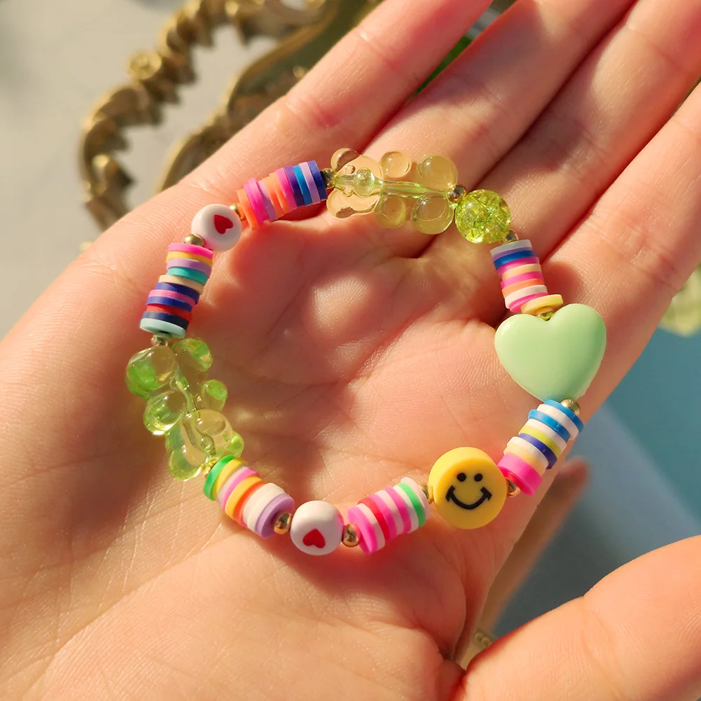 Boho Candy Gummy Bear Smile Heart Rainbow Clay Beaded Bracelet For Women  Soft Pottery Elastic String Bead Girls Y2K Jewelry New