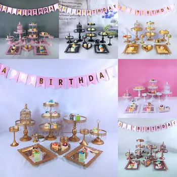 

new 13pcs mirror gold Crystal Metal Cake Stand Set Cupcake Rack Dessert Display Holder Party Wedding Table Decorations
