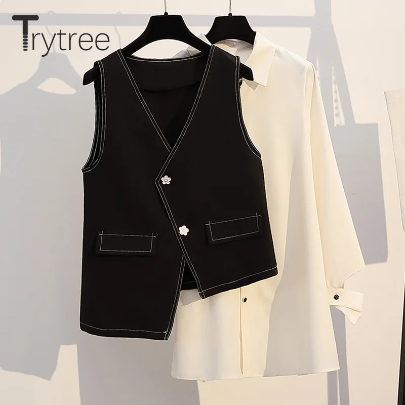 Trytree/осенний комплект из двух предметов, повседневная однобортная белая длинная блузка с отложным воротником+ жилет, черная свободная пуговица, комплект из 2 предметов