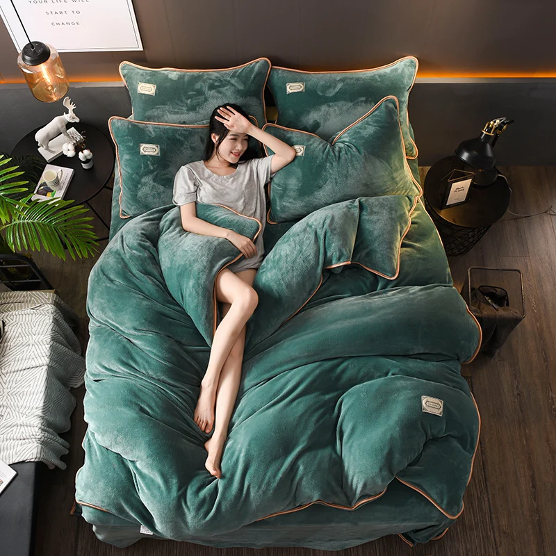 Golden Mink Velvet Extra Thick Hemming 4 Piece Bedding Set Quilt Cover Sheet Pillowcase Home