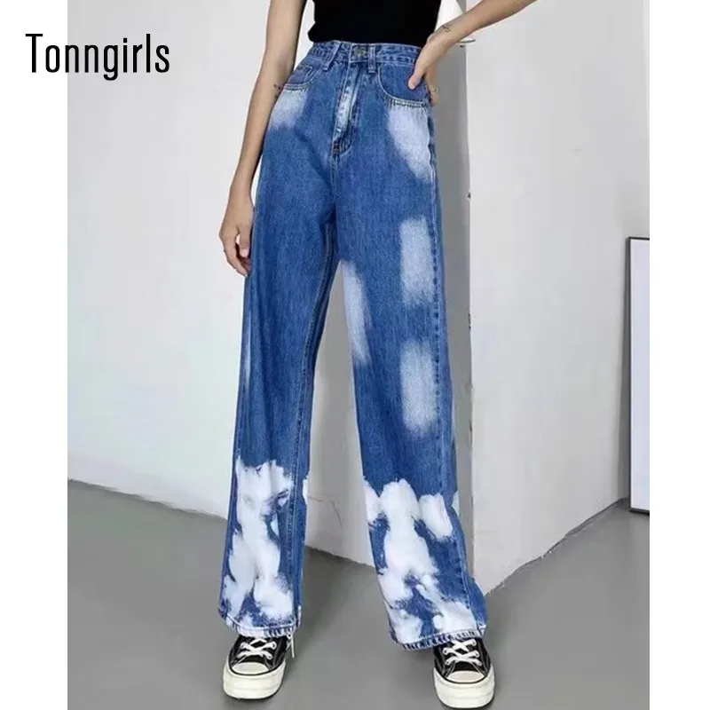 

Tonngirls Summer Denim Jeans Womens Casual Loose Y2k Straight Jeans High Waist Contrast Color Long Denim Pants Vintage Jeans