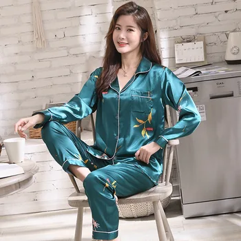 

Satin Print Pajamas Suit Women 2PCS Sleepwear Shirt&Pants Casual Pyjamas Home Clothes Intimate Lingerie Silky Pijamas Homewear