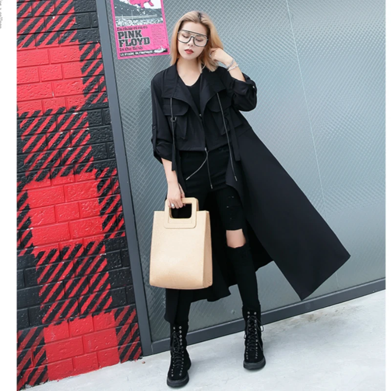 

Women Big Size Black Trench New Lapel Long Sleeve Loose Fit Windbreaker Fashion Female Lady Streetwear Spring Autumn 2020