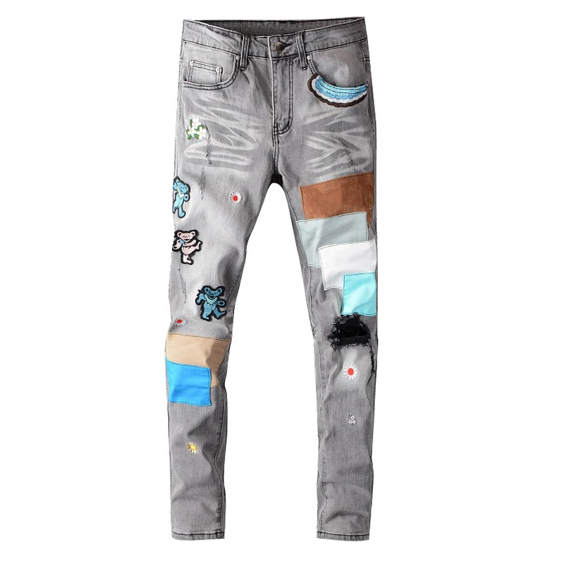 Gray Jeans Denim Pants Skinny Embroidery Stretch Patchwork Slim Mens Bear