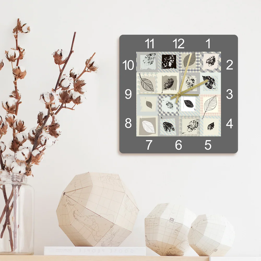 Leaf Texture Pattern Minimalist Fashion Printed Acrylic Wall Clock Modern Design Home Decor Non Ticking Quartz Hanging Clocks