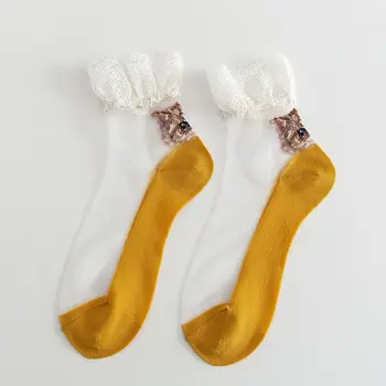 

Lolita Ruffle Lace Crystal Fiber Mid Tube Socks Cartoon Cat Jacquard Hosiery Y5GC