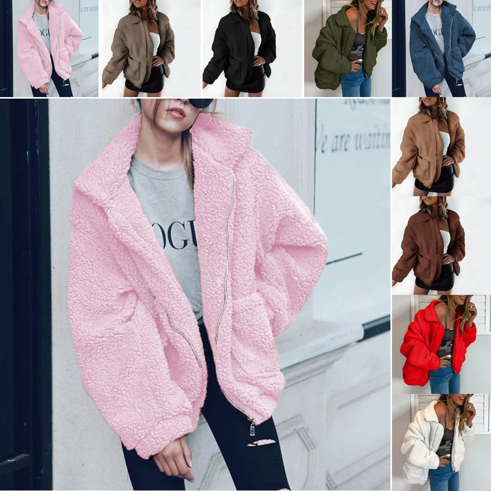 Women Coat Thick Warm Pocket Fleece Jacket Coat Zip Up Outwear Overcoat Winter Soft Fur Jackets Female Plush Coat Elegant