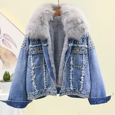 Blue Зимняя Толстая теплая джинсовая куртка для женщин, модная Свободная джинсовая куртка с воротником из натурального Лисьего меха и подкладкой из кроличьей шерсти, короткая верхняя одежда для женщин - Цвет: Blue
