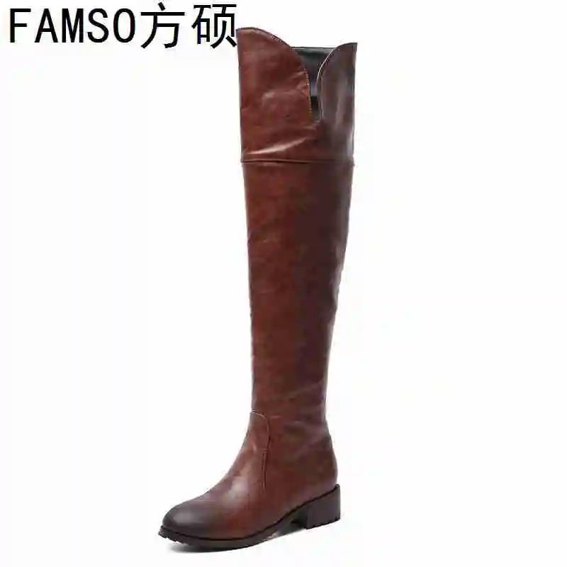 

FAMSO 2019 Shoes Women Boots Black Brown Retro Style Thigh High Boots Long Winter Waterproof Keep Warm Motorcycle Boots Shoes