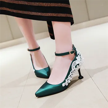 

YMECHIC Summer 2019 Pointed Toe Flower Stiletto High Heel Office Dress Shoes Heels Women Ankle Strap Ladies Pumps Plus Size 43