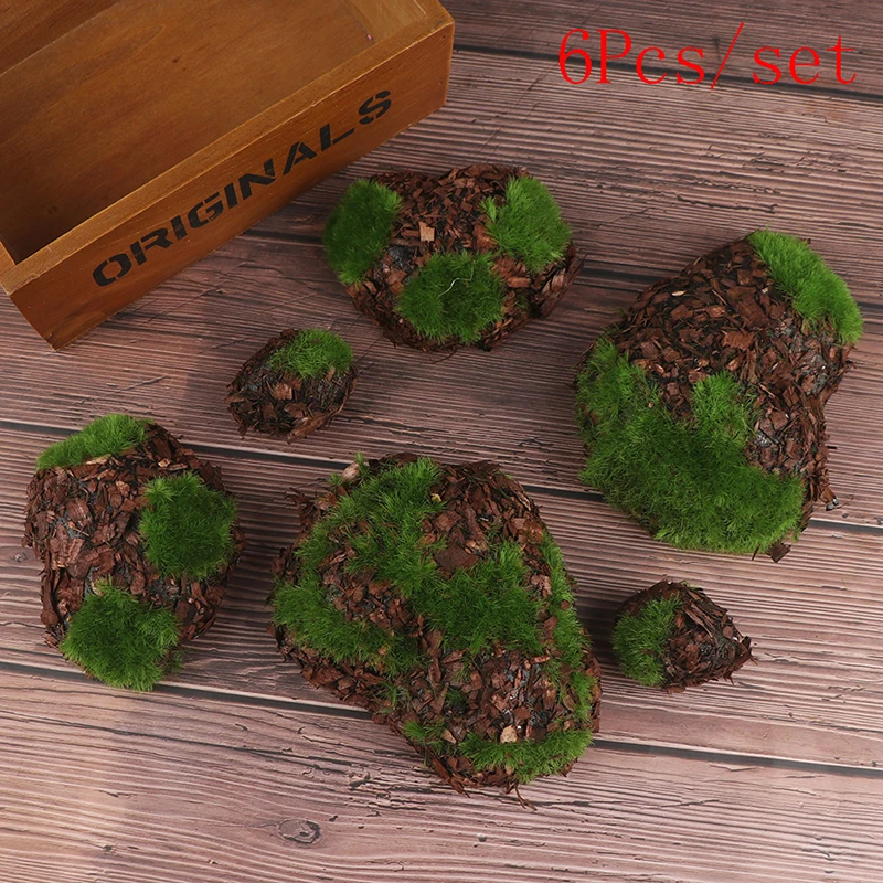 6pcs Wood Chip Green Foam Moss Stone Fake Rock Artificial Flower Pots Christmas Wedding Home Garden Decoration