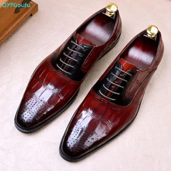 

QYFCIOUFU Crocodile Pattern Design Men Business Formal Shoes Classic Pointed Toe Genuine Cow Leather Shoes Men Oxford Dress Shoe