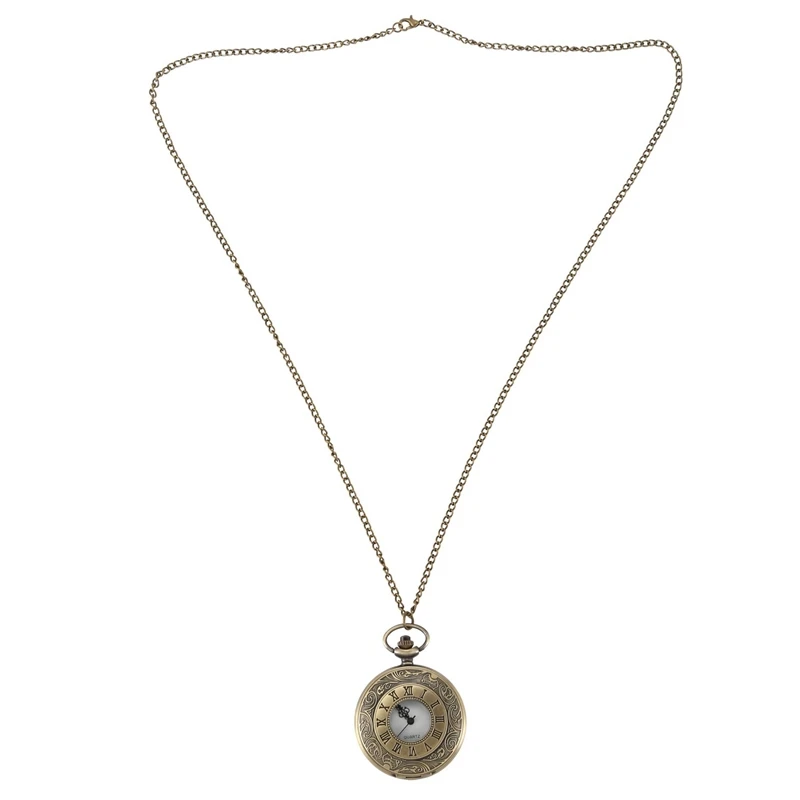 

New Bronze Large Engraving Lace Bronze Roman Numeral Necklace Quartz Vintage Pocket Watch