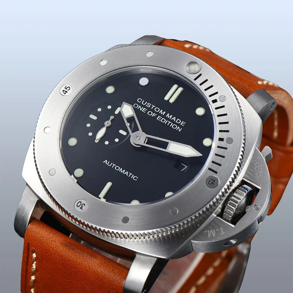 Часы 47 мм автоматические Parnis Мужские механические часы светящиеся руки крышка высокого качества кожаный ремешок Обмотка из нержавеющей