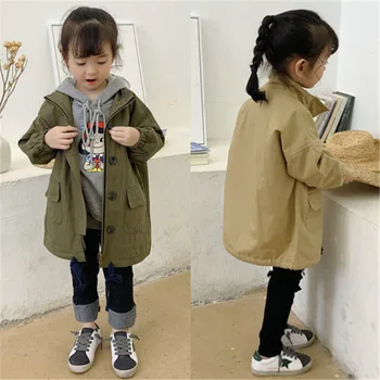 

WLG kids coat girls spring autumn khaki army green turn down collar long sleeve solid jacket baby long style outwear children
