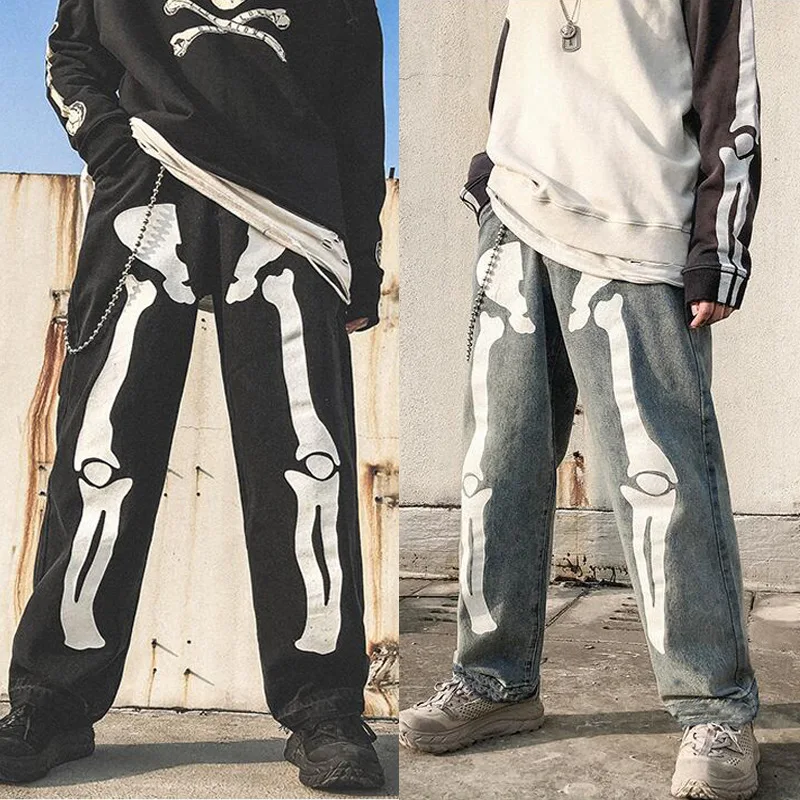 Men Skeleton Oversize Black Jeans Pants 