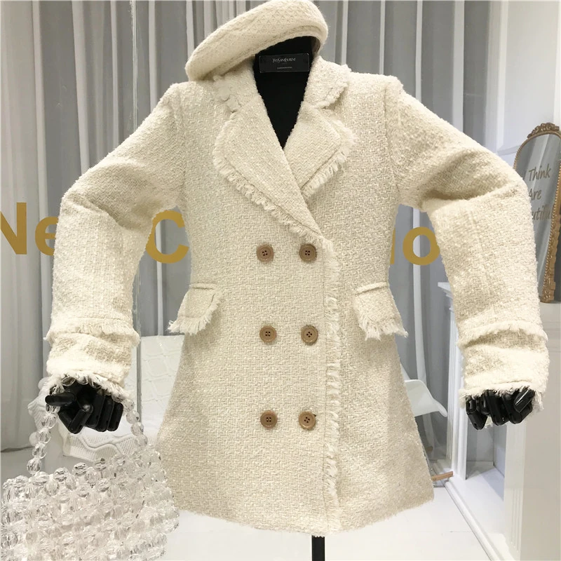 

Double Breasted Tweed Female Jacket High Street Solid Turn-down Collar Women Coats and Jackets Thick Fashion New