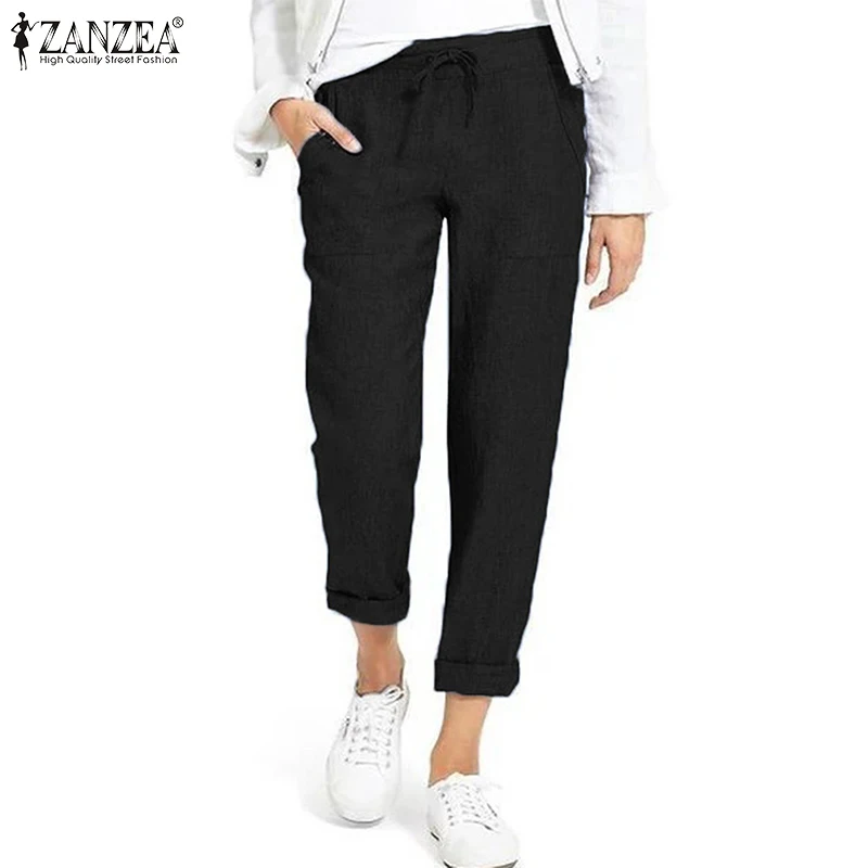

2019 Fashion Pants Women Work Pants ZANZEA Plus Size Ladies Office Long Trousers Pockets Solid Elastic Waist Pantalones Mujer