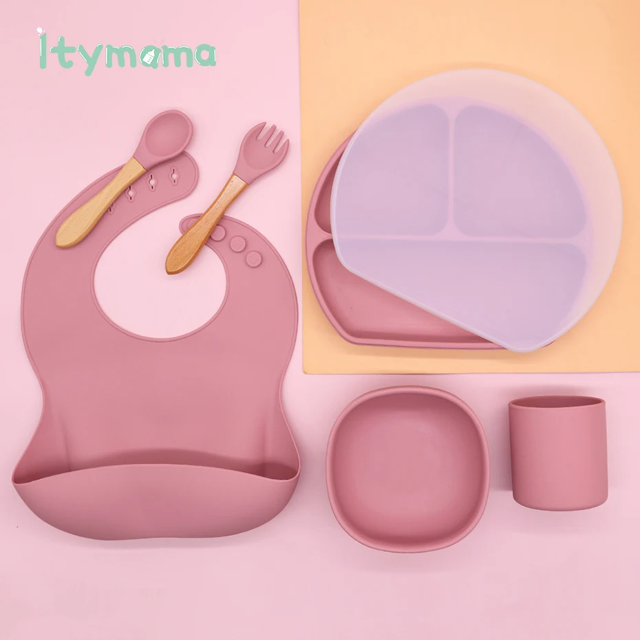 Kids Spoon Tableware-Set Dishes Plate Suction-Bowl Baby Childrens Solid Silicone 6pcs/Lot