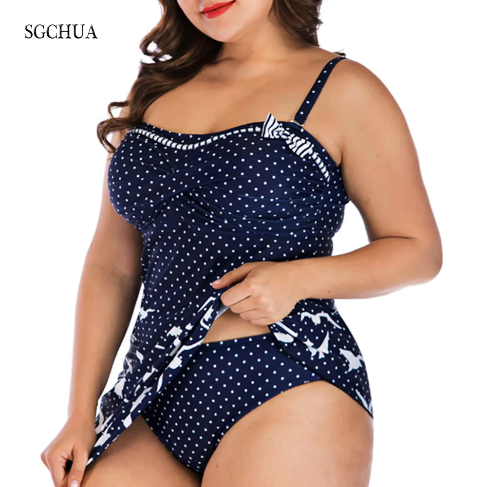 Maiô com Estampa Maiô de Bolinhas com Laço para Mulheres Roupa de Banho Terno de Banho Sgchua Azul Tamanho Grande 5xl Duas Peças Praia Gorda 2020