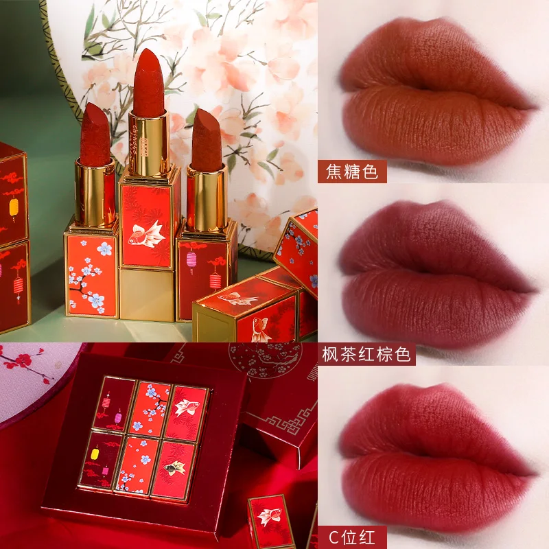 Suikone red lipstick set 3pcs dark red vampire orange soft pigment waterproof high quality makeup moisture matte lipstick AC128