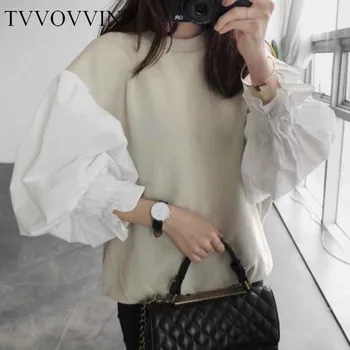 

TVVOVVIN 2019 Autumn New Round Neck Lantern Sleeve Women's Split Joint Short Sweatshirt Japan And South Korea Tops E515