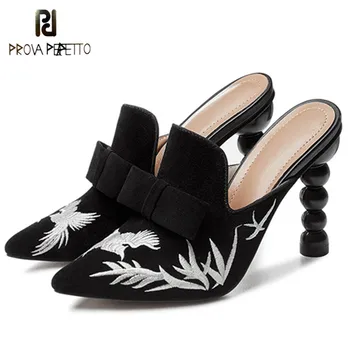 

Prova Perfetto High Heel Suede Pumps Women Pointed Toe Bird Pattern Embroidery Shoes Woman Sexy Chaussures Femme Plus Size 34-43
