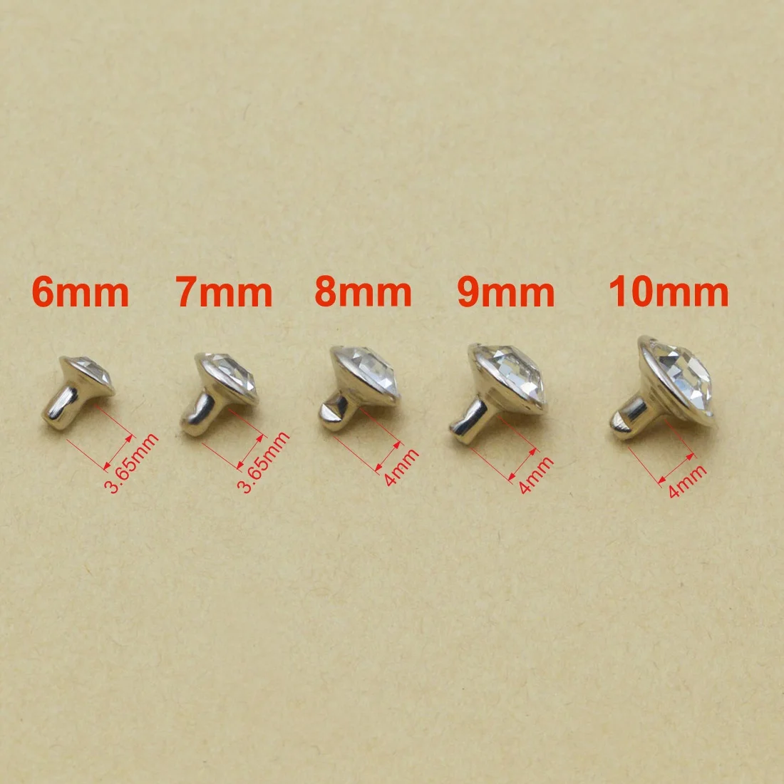 KALASO 100pcs 5mm 6mm 7mm 8mm 9mm 10mm Brass Crystal Rhinestone Rivet Stud Nail Leathercraft Shoe Bag Decoration Supplies