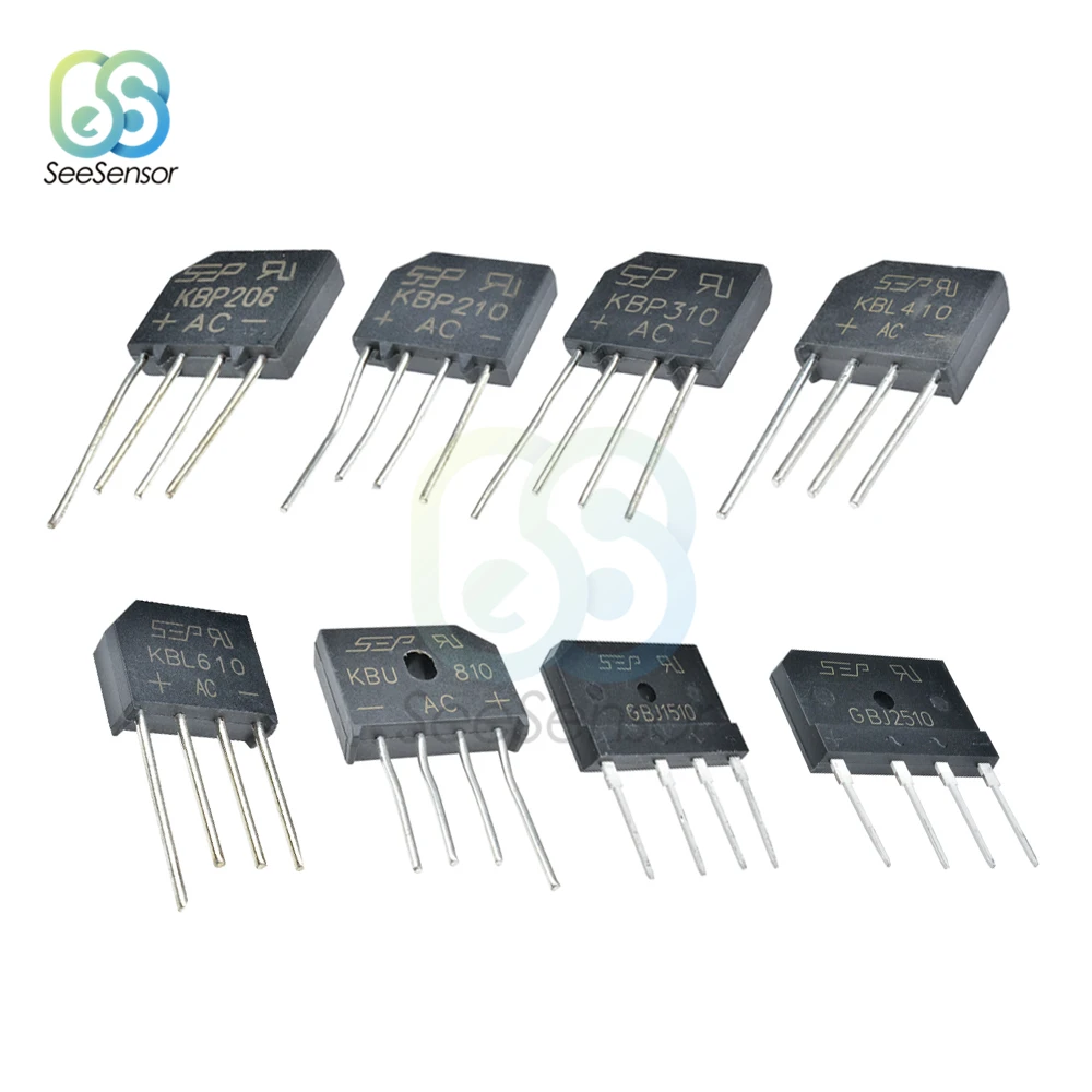 

5Pcs Diode Bridge Rectifier 2A 3A 4A 6A 8A 10A 15A 25A 35A 600V 800V 1000V KBP206 KBP210 KBP310 KBL406 KBU810 GBJ1510 GBJ2510