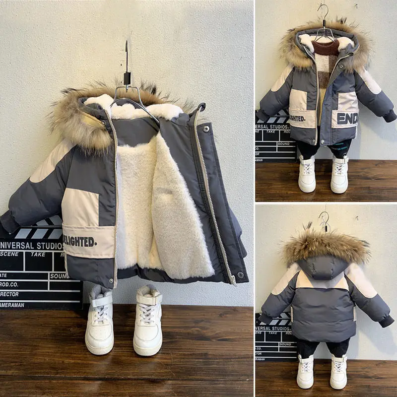 Boys Coat Jacket Winter Cotton Hooded Baby-Fur-Collar Childrens New Velvet Thicken 